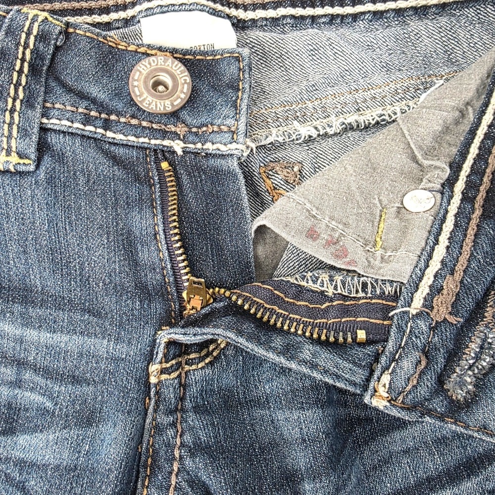 Hydraulic Low Rise Straight Leg Jeans Dark Wash Embroidered Pockets - Picture 6 of 11